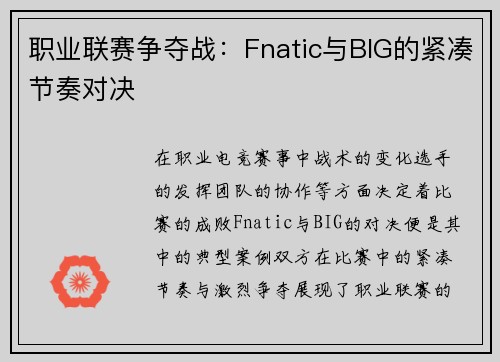职业联赛争夺战：Fnatic与BIG的紧凑节奏对决